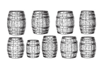 Obraz premium Wooden Barrels Vector Engraving Set