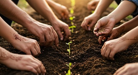 Close-up shot of multiple hands digging soil and planting new seeds, emphasizing tactile connection with nature.