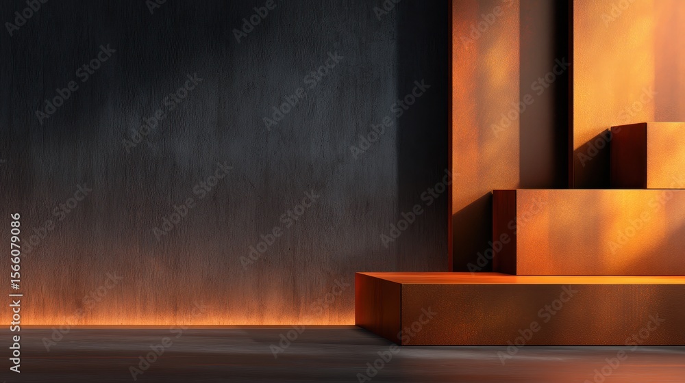 Poster abstract composition of geometric shapes in warm tones against a textured dark background