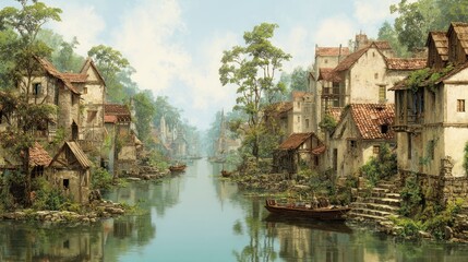 Fototapeta premium Charming village by river waterway
