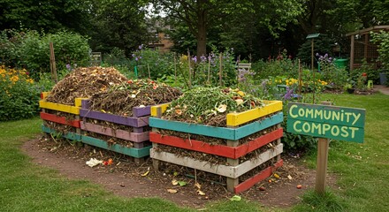 A designated composting area within the garden, showing bins, organic waste, and a community sign encouraging sustainability.