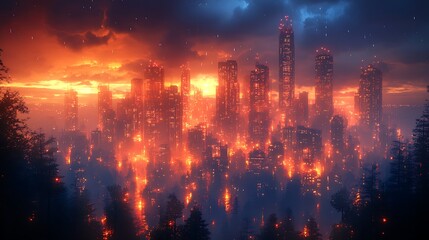 Burning city scape disaster background illustration