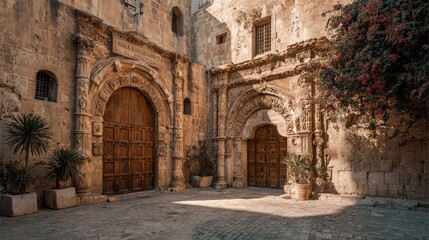 Ancient Stone Courtyard with Archways and Wooden Doors