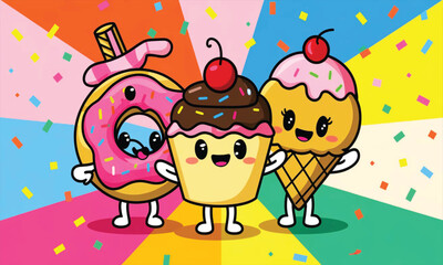 Kawaii Food Characters Wallpaper  Smiling Donut, Cupcake, and Ice Cream on Candy Background