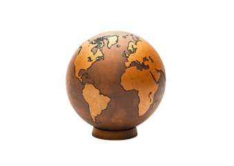 Classic globe art in sepia tones with thin black map outlines in elegant spherical design isolated on a transparent background
