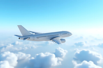 Obraz premium Airplane in the flight, travel background with airplane flying in the blue sky over the clouds. Flying airplane with blank livery. 3d rendering.