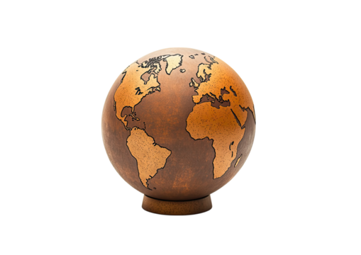 Classic globe art in sepia tones with thin black map outlines in elegant spherical design isolated on a transparent background