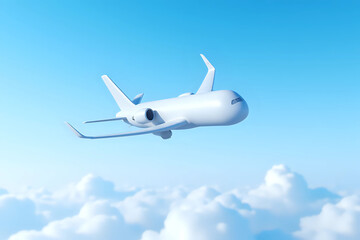 Fototapeta premium Airplane in the flight, travel background with airplane flying in the blue sky over the clouds. Flying airplane with blank livery. 3d rendering.