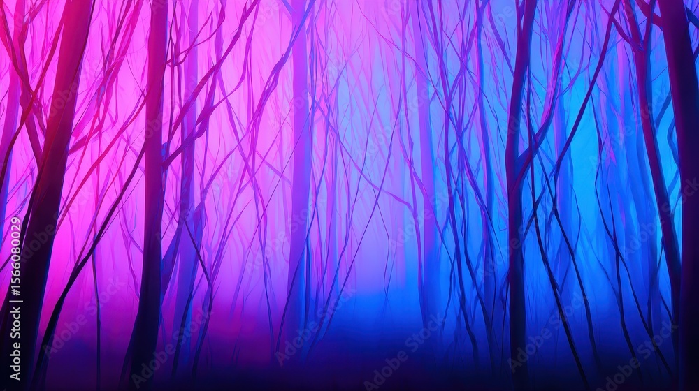 Poster enchanted forest at dusk with vibrant colors and ethereal mist creating a magical atmosphere