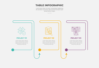 pricing table box infographic outline style with 3 point template with arrow flow path container direction for slide presentation