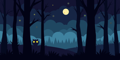 Moonlit Forest With Creatures Eyes Glowing From Shadows