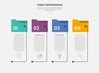 pricing table box infographic outline style with 4 point template with folder box label with open line container separator for slide presentation