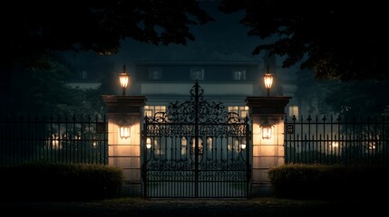 Ornate manor gate lit at night