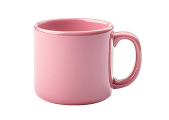 Pink ceramic mug with slight steam and curved handle placed at a soft angle isolated on a transparent background