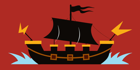 Storm Tossed Pirate Ship With Tattered Sails And Lightning