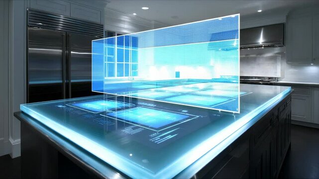 Contemporary kitchen features a high-tech illuminated countertop showcasing advanced information display. Steel appliances complement the minimalist space, exuding elegance and innovation