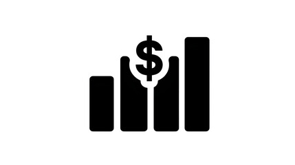 Flat black icon of a bar chart with dollar sign, financial growth symbol, transparent background