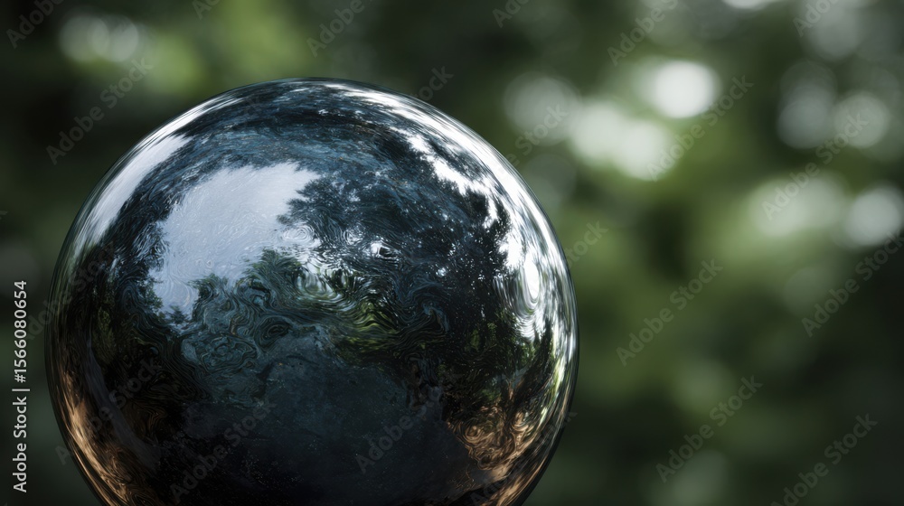 Poster Polished obsidian sphere reflecting distorted forest canopy. Extreme close-up with liquid mercury texture illusion