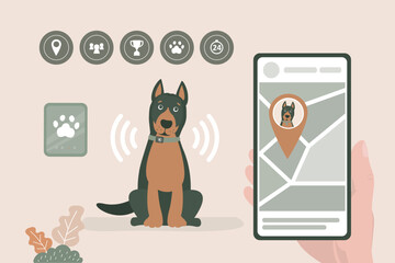 Wireless pet tracking system, dog wearing GPS collar, location-tracking app and map markers. Pet safety solutions, GPS pet tracker and smart dog care products.