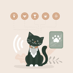 Pet tracking system, happy cat wearing GPS collar, location-tracking app and map markers. Pet safety solutions, GPS pet tracker and smart animal care products.