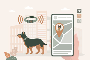 dog wearing GPS collar, location-tracking app and map markers. Pet safety solutions, GPS pet tracker and smart dog care products. Animal location on smartphone screen.