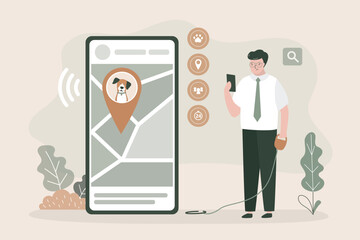 Owner controlling animal location on smartphone. Wireless pet tracking system, dog wearing GPS collar, location-tracking app, map markers. Pet safety solutions,