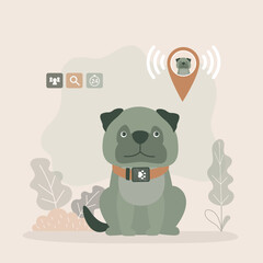 Pet tracking system, happy bulldog wearing a GPS collar, location-tracking app and map markers. Pet safety solutions, GPS pet tracker and smart pet care products.