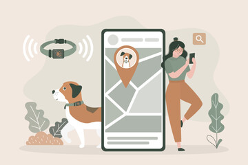 Owner controlling animal location on smartphone. Wireless tracking system, dog wearing GPS collar, location-tracking app, map markers. Pet safety solutions,