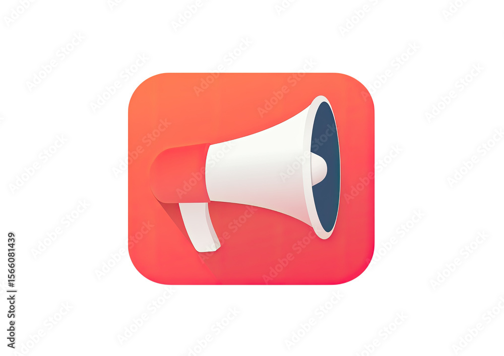 Fototapete red and white megaphone icon with modern flat design and 3d-like shadows isolated on a transparent b