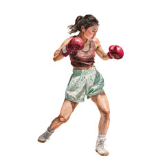 Focused Chinese boxer swing strike, watercolor, no background
