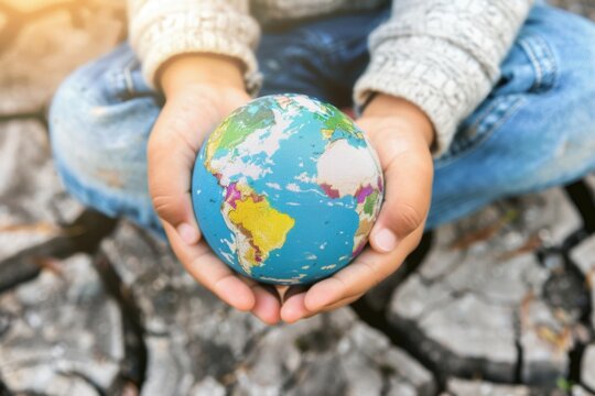 Child holds a globe while sitting on cracked dry earth during a sunny day to promote environmental awareness - Powered by Adobe