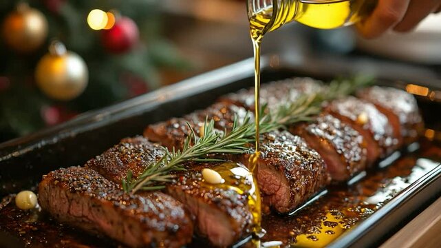 Seasoned steak drizzled with olive oil
