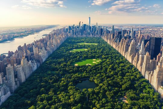 Spectacular aerial view of New York City showcasing skyscrapers and Central Park, New York City Aerial view and tall skyscrapers by Central Park Midtown Manhattan skyline