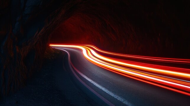 Winding tunnel lit by car lights