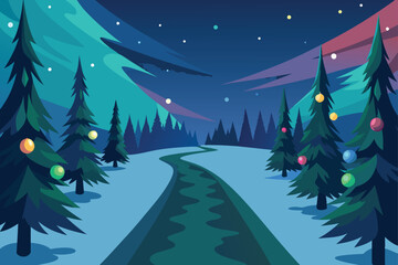 Snowy Forest Road Under Night Sky Vector