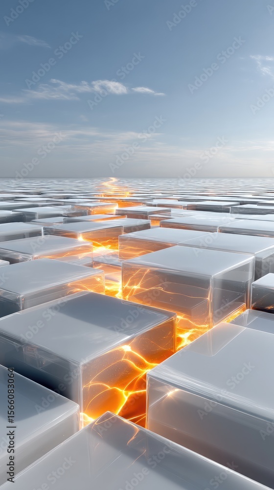 Poster abstract 3d cube grid with glowing orange paths