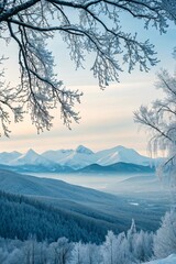 winter landscape in the mountains, Distant snowy mountains framed by frosted tree branches, pale gradient sky in background.

