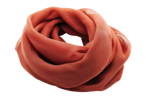 Soft red scarf loosely rolled into a spiral shape with smooth fabric folds isolated on a transparent background - Powered by Adobe