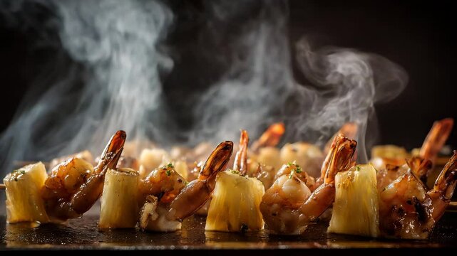 Close up of grilled shrimp and pineapple skewers steaming on a dark surface. The image features warm lighting and a dark background, emphasizing the food's texture and aroma.