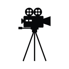 Obraz premium A retro black movie camera with a tripod, isolated for professional cinema and video photography movie camera icon silhouette vector illustration on white background of a minimalist flat design