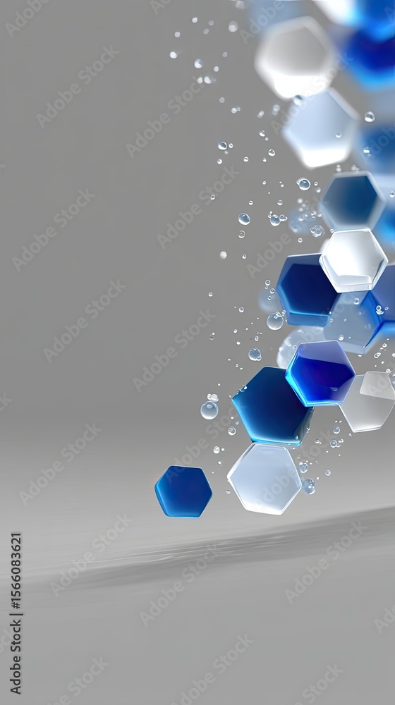 Poster abstract 3d render of blue and white floating hexagons on grey background
