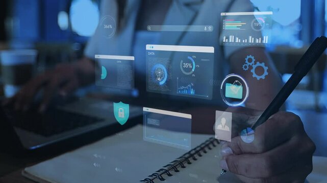 woman analyst uses a computer AI artificial intelligence and dashboard for data business analysis and Data Management System with KPI and metrics connected to the database for technology finance,