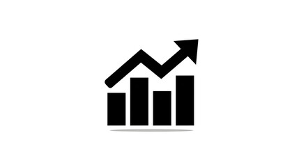 Flat black icon of a stacked area chart with arrow, cumulative data analysis, isolated on white