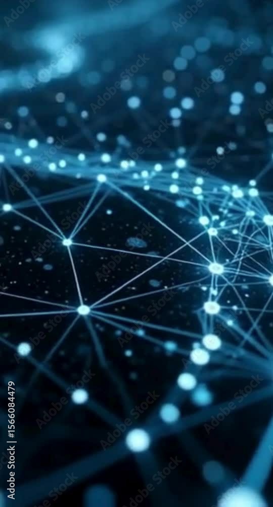 Poster abstract network connection background with glowing blue nodes and lines representing data flow and 