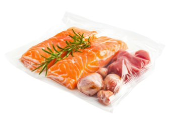 Sealed frozen food packet with transparent section showing meat and herbs isolated on a transparent background