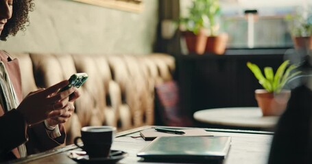 Hands, smartphone and machine with woman, waiter and friendly service with payment. Closeup, barista and customer in restaurant, cellphone and digital transaction with fintech, app and point of sale - Powered by Adobe