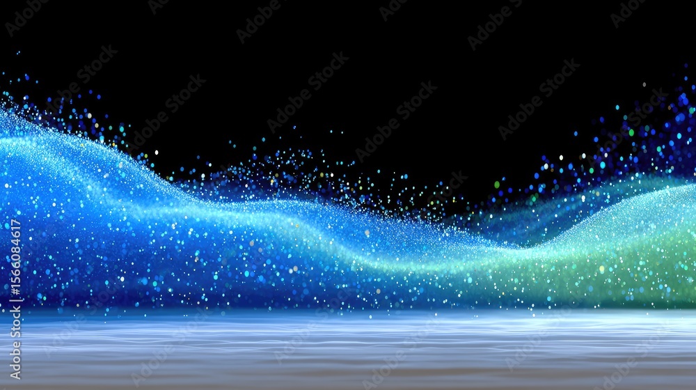 Poster abstract blue and green particle wave flowing on dark background