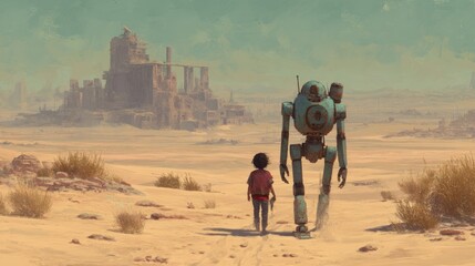 Child and robot in desolate desert