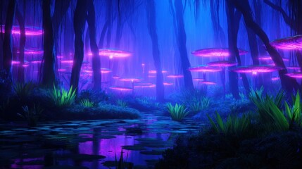 Fototapeta premium Enchanted forest with glowing mushrooms illuminating a serene pond under twilight sky