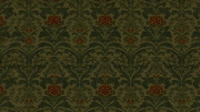 Dark floral pattern features deep green leaves and red flower clusters in symmetrical vintage style